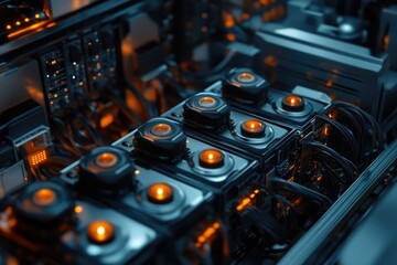 Close-up view of a complex technological system with multiple glowing components, showcasing intricate wiring and advanced hardware.