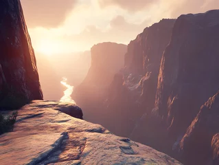 Fototapeten Majestic Sunset over Canyon River Landscape, Dramatic Clifftop View © Shahina