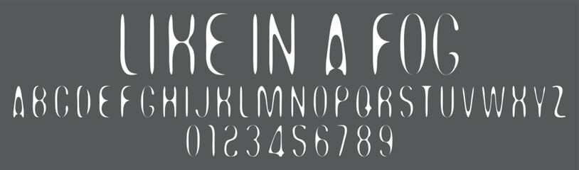 A set of simple rounded distorted font with letters of different thicknesses with the words like in a fog. A set of letters and numbers of the Latin alphabet. No ai used