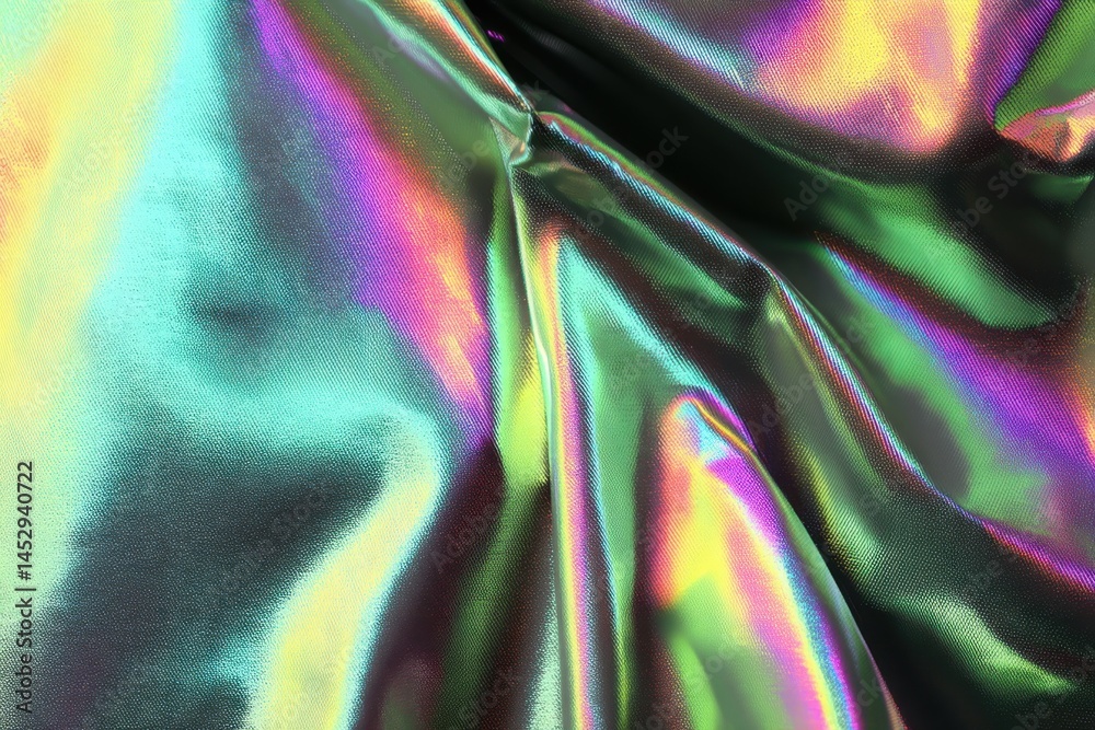 Poster iridescent fabric texture with vibrant colors and flowing folds creating a mesmerizing abstract back