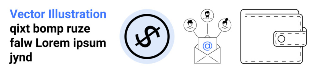 Enclosed icons include a dollar sign, email notification with user avatars, and a wallet. Ideal for finance, banking, online transactions, digital wallets, marketing, communication simple landing