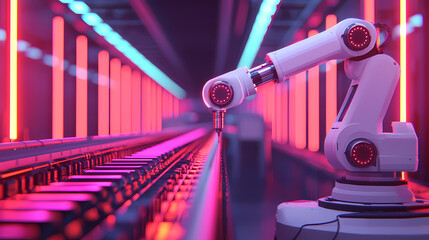 A robotic arm operates on an automated production line, illuminated by vibrant pink and purple neon lights.