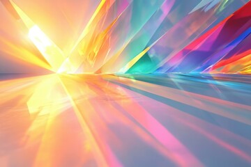 Abstract colorful glass shards converge towards a bright light source, creating a radiant, futuristic landscape.