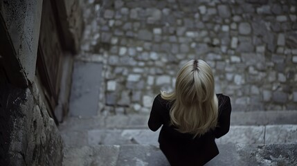 Woman Walking Away Stone Street Urban Back View