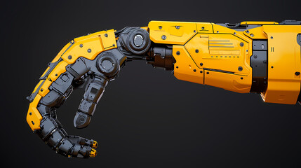A yellow and black robotic arm with articulated joints is shown against a dark background.