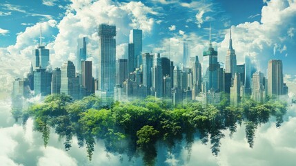 Naklejka premium Floating cityscape urban oasis in the clouds green cityscape