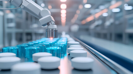 A robotic arm inspects medicine bottles and pills on an automated production line in a modern pharmaceutical facility.