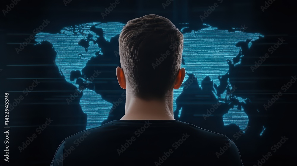 Poster person observing digital world map with technology background and data visualization concepts
