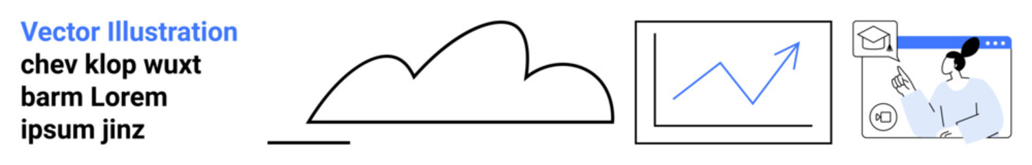 Cloud shape, data trend chart with arrow, and person interacting with online interface. Ideal for technology, data trends, education, user experience, analytics, innovation simple landing page