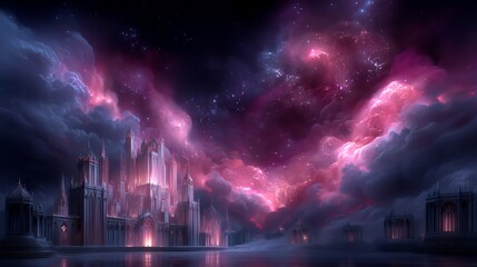Majestic castle city under a cosmic night sky
