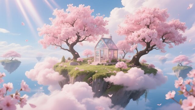 A glass house on a floating island with pink trees