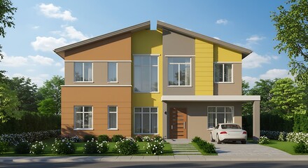 Fototapeta premium Under construction two-story villa with concrete block and brick walls, showcasing modern design—perfect for construction, residential development, and real estate projects.