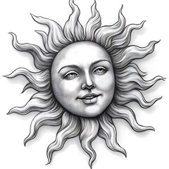 A smiling sun face with flowing wavy rays emanating outward