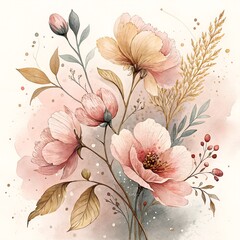 Delicate Watercolor Flowers Soft Coral Petals Gold