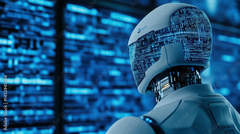 Poster futuristic robot with digital interface analyzing data in a high-tech environment