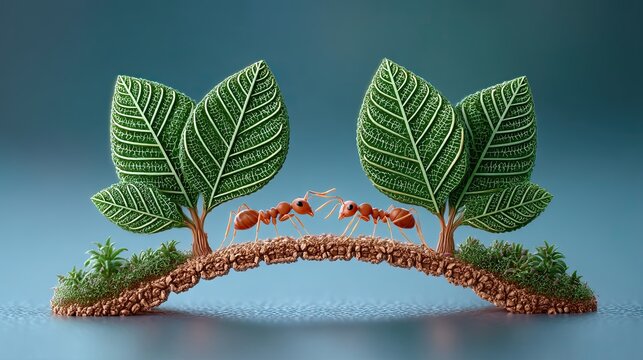 Ideal for illustrating macro shots of natural in organic environments, Creative depiction of ants bridging leaves in a vibrant setting. Macro photography of natural organic