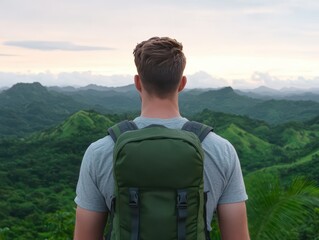 Man with Backpack Enjoying Scenic View of Lush Green Mountains During Sunrise or Sunset in Nature