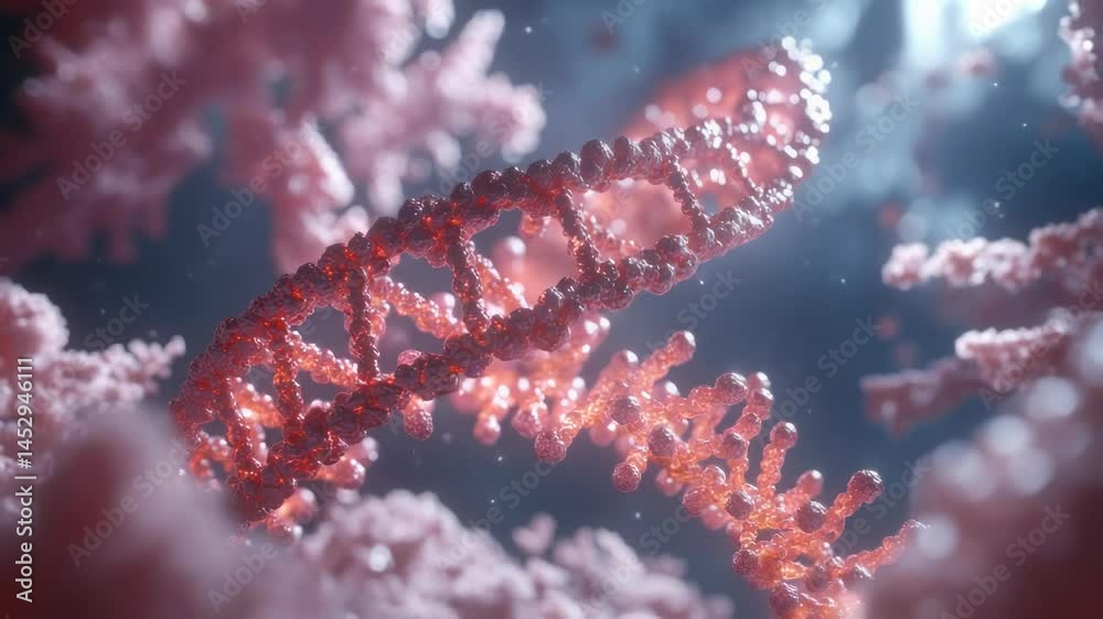 Poster a close-up view of a double helix dna strand, highlighting its molecular structure