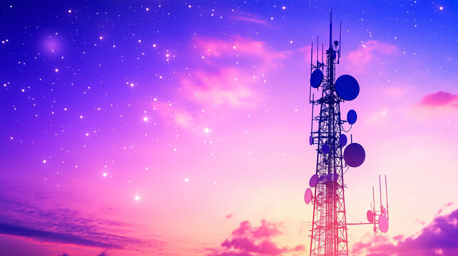 Telecommunication tower under starry sky at colorful twilight scene