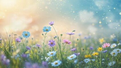 Serene blooming spring meadow at sunrise representing nature's renewal and peace

