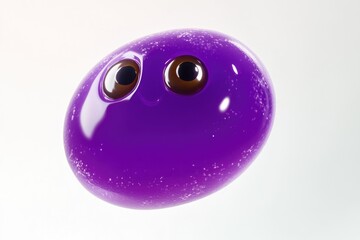 A shiny, purple, egg-shaped character with big brown eyes and a small smile, against a plain white background.