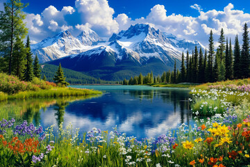 A lake surrounded by flowers and mountains in the background