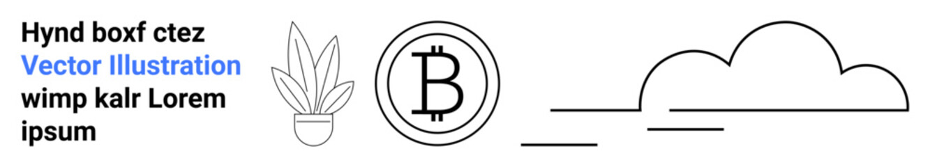 Potted plant, Bitcoin icon, abstract cloud with horizontal lines, and text elements. Ideal for finance, nature, technology, cryptocurrency, branding minimalism flat landing page banner