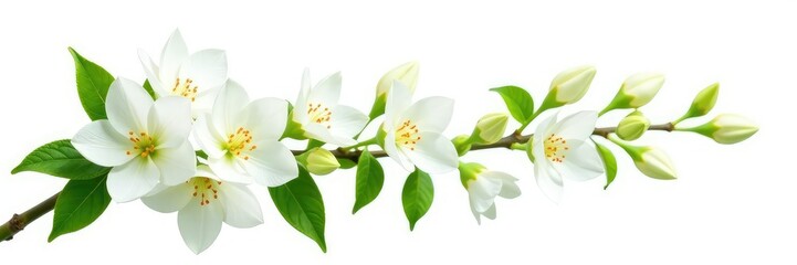 Obraz premium White flowers and lush branch on isolated white background, greenery, branches, organic