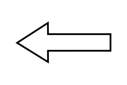 white arrow with black border left pointing arrow with simple black outline on transparent background. Themes include direction, navigation, pointing symbols, and minimalism png file type stock photo