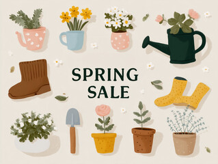 Spring Sale at Garden Center with Colorful Plant Illustrations  