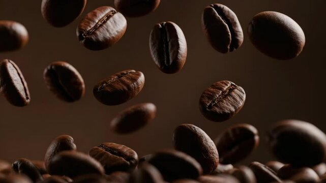 Coffee beans close-up cinematic view, macro shot of roasted coffee beans falling slowly