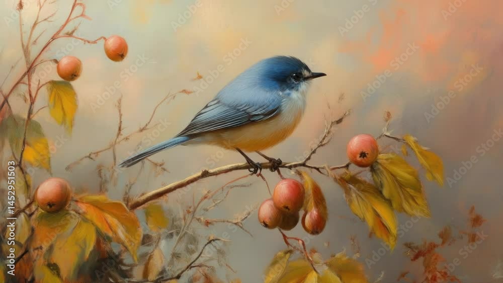 Poster a bird sits comfortably on the branch of a tree, surrounded by leaves and perhaps enjoying the view