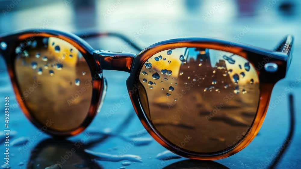Poster a pair of sunglasses resting on a flat surface, possibly waiting for its owner to grab them
