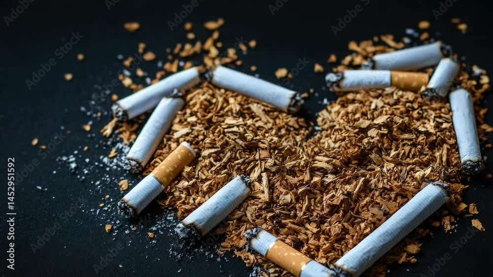 Poster a creative arrangement of cigarettes forms a heart shape on a table, perfect for use in advertisemen