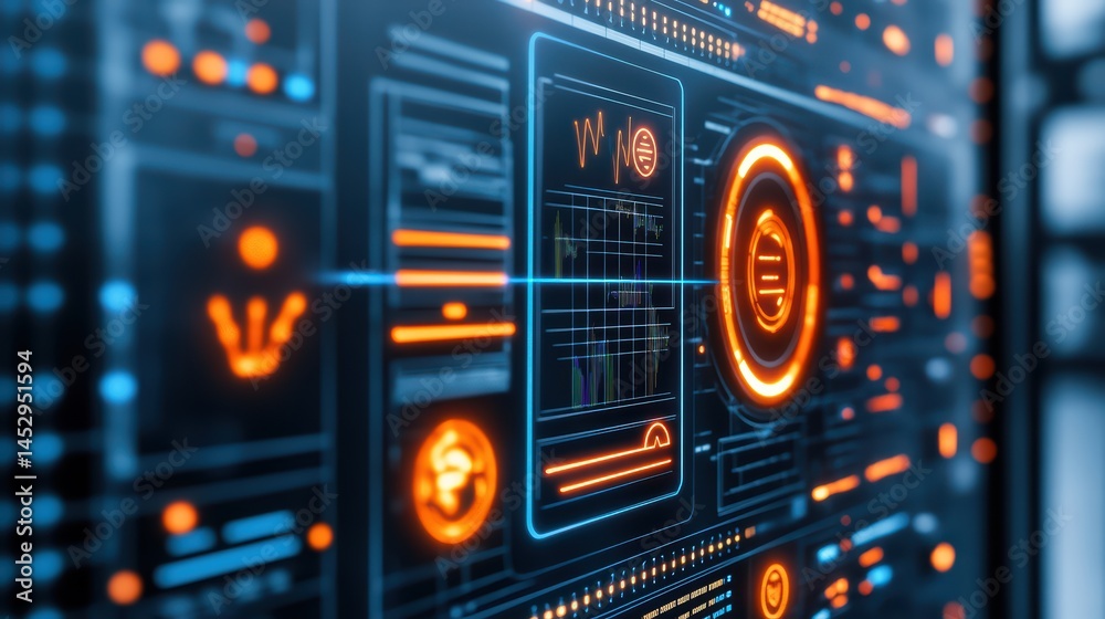 Poster futuristic technology interface with data visualization and neon elements for digital background