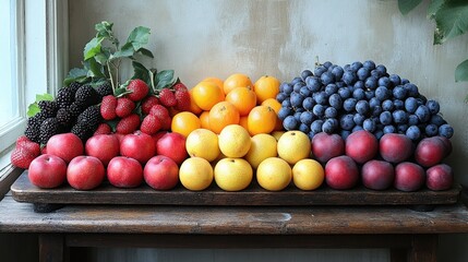 A vibrant display of assorted fruits including apples, oranges, and berries on a rustic table