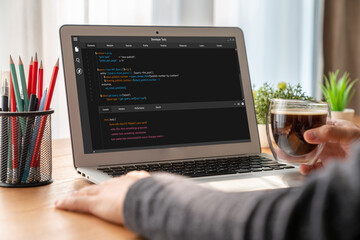 Software development programming on computer screen for modish application and program coding
