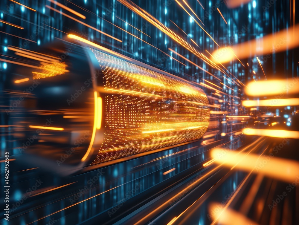 Poster dynamic motion of data stream with vibrant light effects and digital particles in a futuristic setti