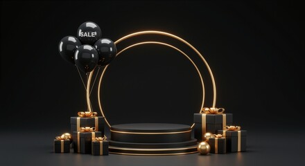 Black Friday sale display featuring black balloons, gold gift boxes, and a glowing circular stage set against a dark background, creating a festive atmosphere
