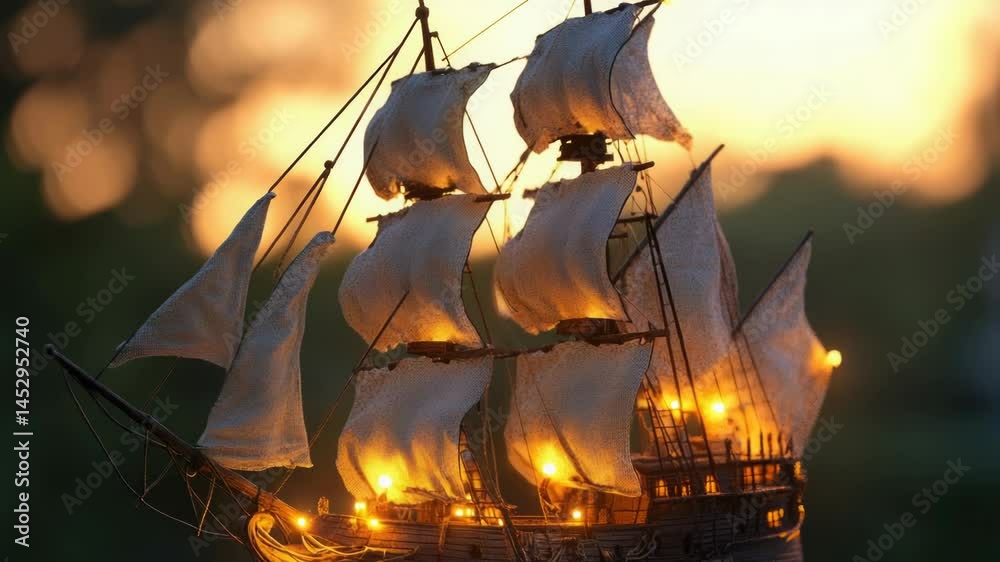 Aufkleber A scale model of a ship illuminated from within by soft lights, perfect for use in product or architecture photography