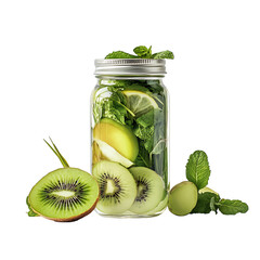 Kiwi Mint and Lemongrass in Glass Jar Isolated on Transparent Background