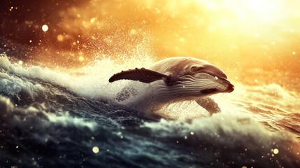 Obraz premium Humpback whale breaching ocean wave golden sunrise sunlight wildlife nature