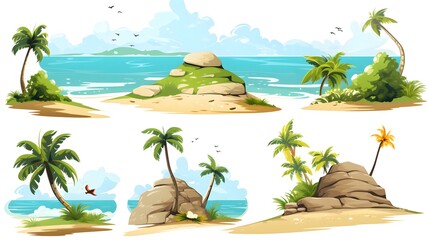 Obraz premium Detailed set of beach landscape illustrations for travel brochures and vacation websites
