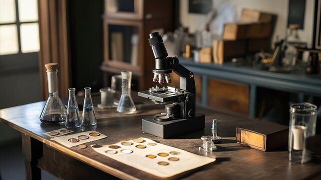 Microscope and prepared slides arranged neatly on a laboratory table in a bright workspace