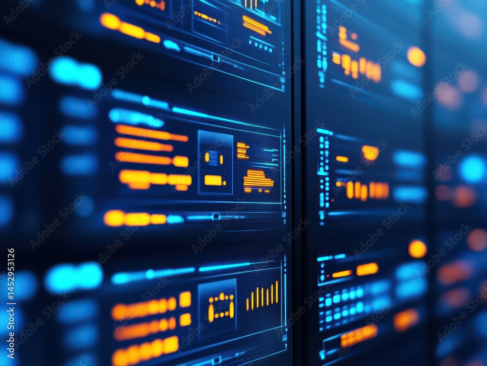 Poster digital interface display with blue and orange elements for technology and data analysis concepts