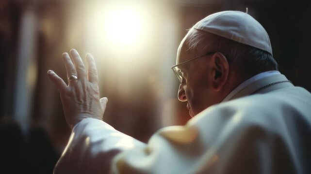 Elderly catholic pope with white zucchetto and glasses raises hand in blessing inside majestic church with bright holy light shining in background. Concept of spiritual leadership and divine authority