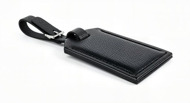 Stylish black hanging tag with a textured surface and a buckle strap, ideal for personalizing luggage or gifts