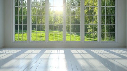 Sunlight streams through large windows into a bright, empty room with a view of lush greenery