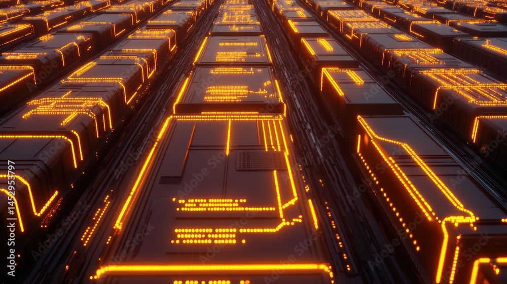 Poster futuristic digital landscape with illuminated circuit patterns and rows of technology components