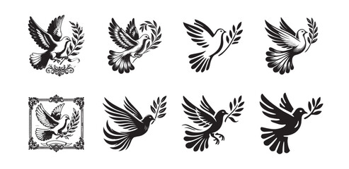 Fototapeta premium Black vector set of doves with olive branches, peace symbol illustrations 